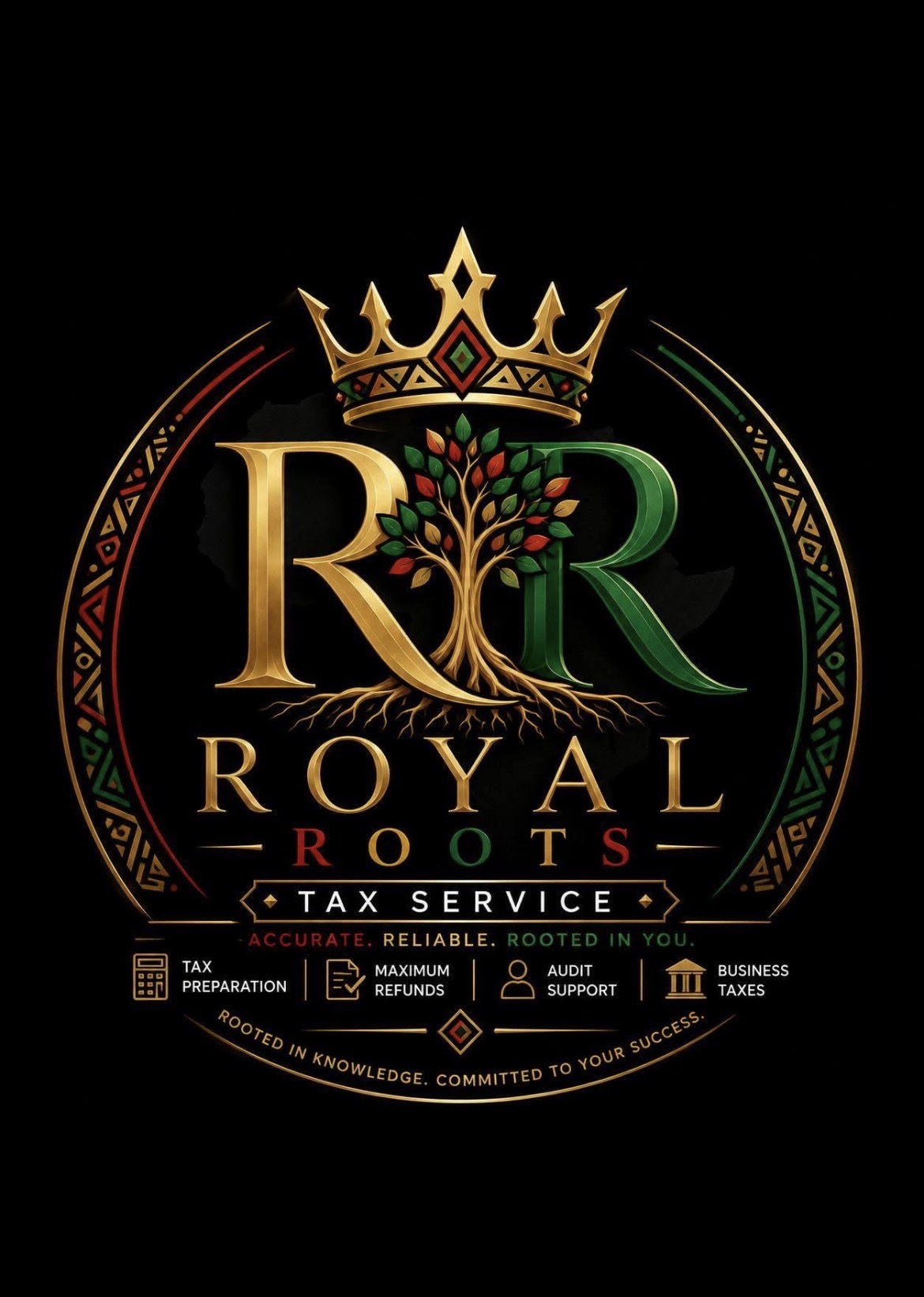 Royal Roots Tax Service crest with crown, tree and roots