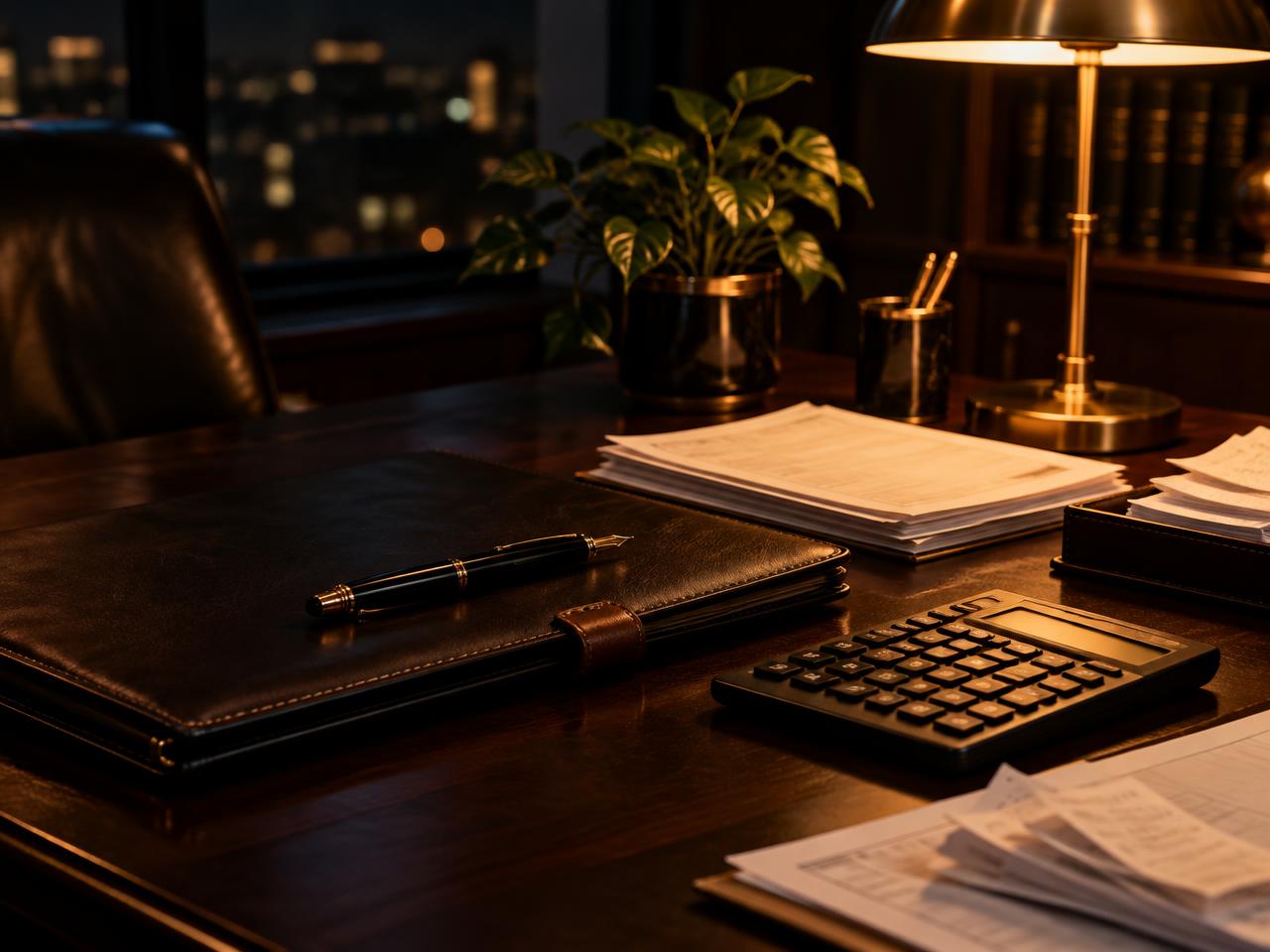 Tax preparer's desk with forms, calculator and gold pen
